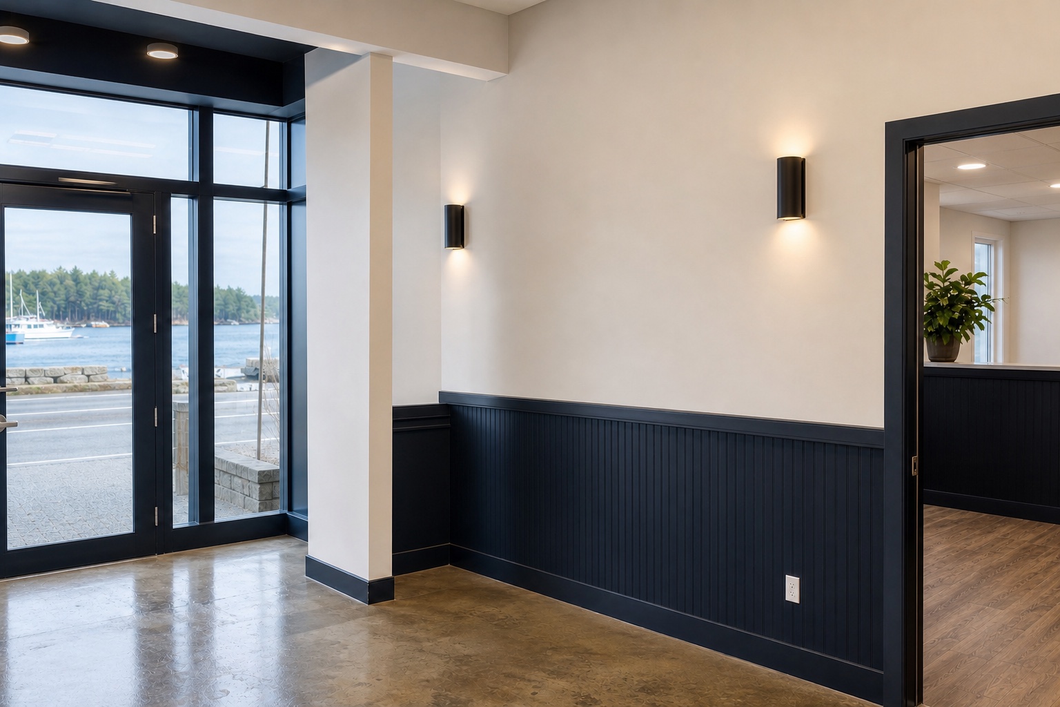 Clean modern commercial storefront with crisp painted walls