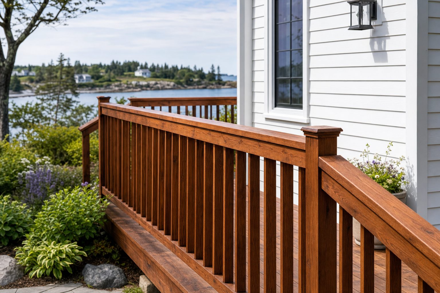 Detail of freshly stained deck railing and wood grain