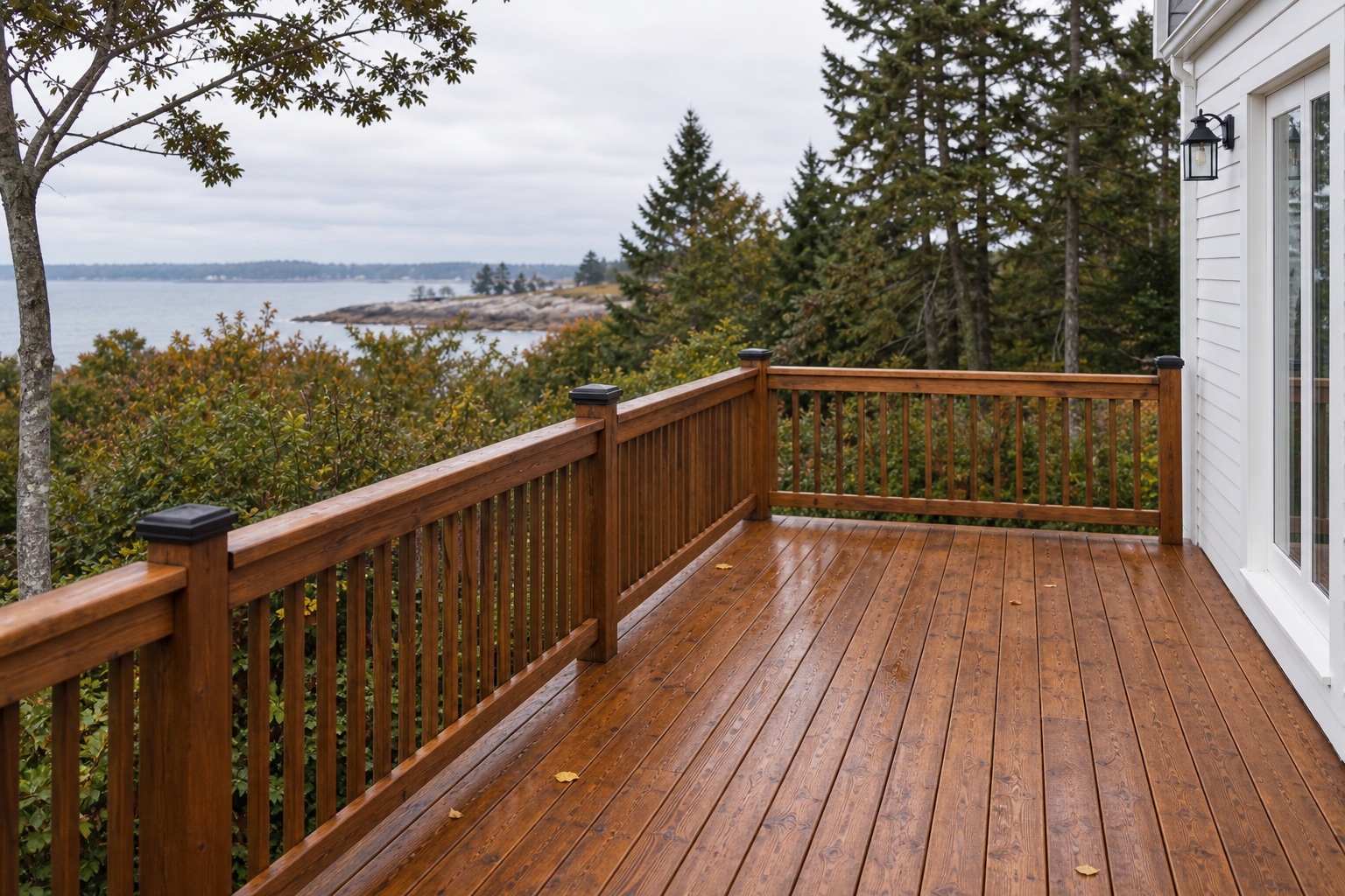Freshly stained wood deck railing overlooking the coast