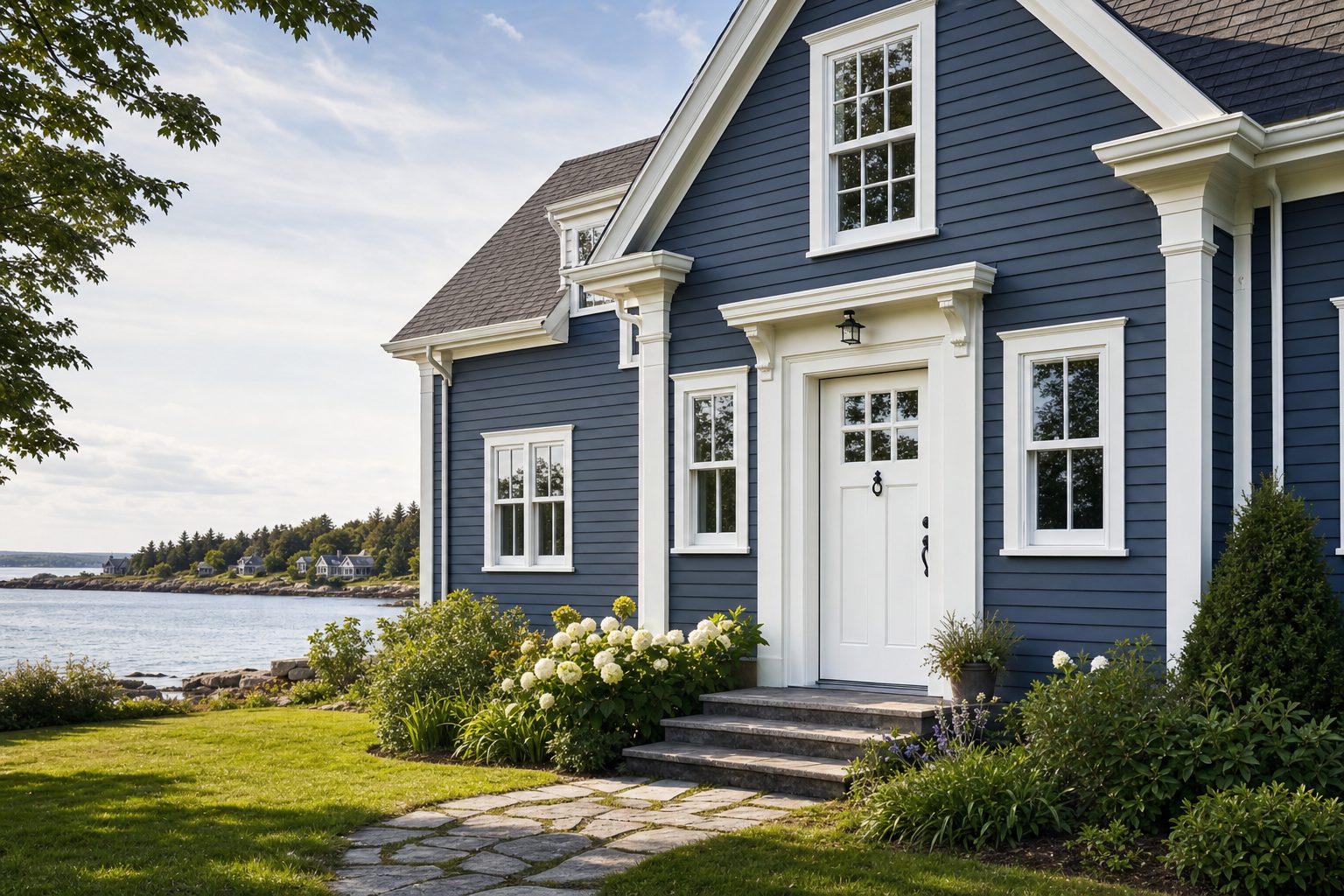 Close detail of exterior siding and trim after professional painting