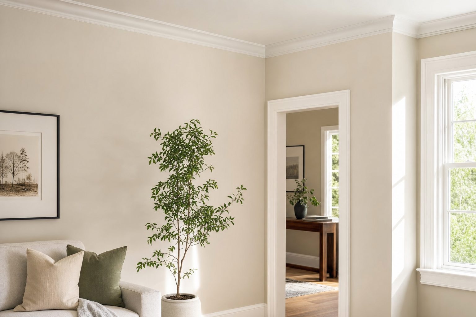 Close detail of painted baseboard and wall trim lines